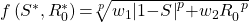f\left(S^{\mathrm{*}},R^{\mathrm{*}}_0\right)\mathrm{=}\sqrt[p]{w_{\mathrm{1}}{\left|\mathrm{1-}S^{\mathrm{}}\right|}^p\mathrm{+}w_{\mathrm{2}}{R^{\mathrm{}}_0}^p}